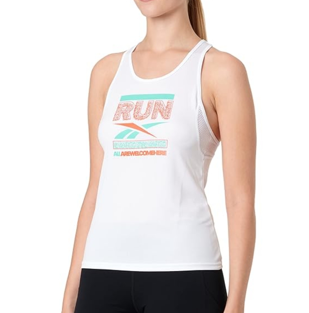 REEBOK | Women's White/Orange/Blue Running Graphic Speedwick Athletic Tank Top